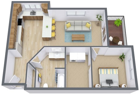 Floor plan for 1 bed, 1 bath, 789 sqft